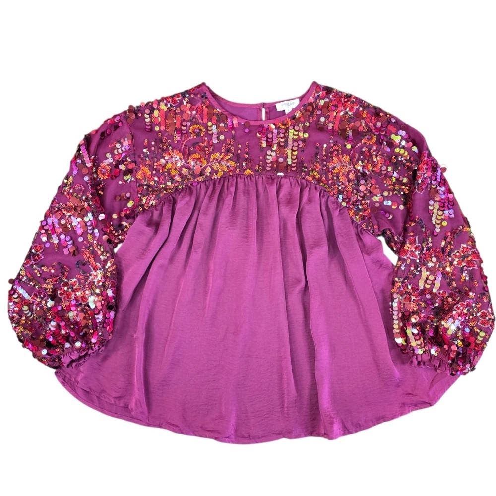 Umgee Sequin Babydoll Top Purple Boho Balloon Sleeve Tunic Medium